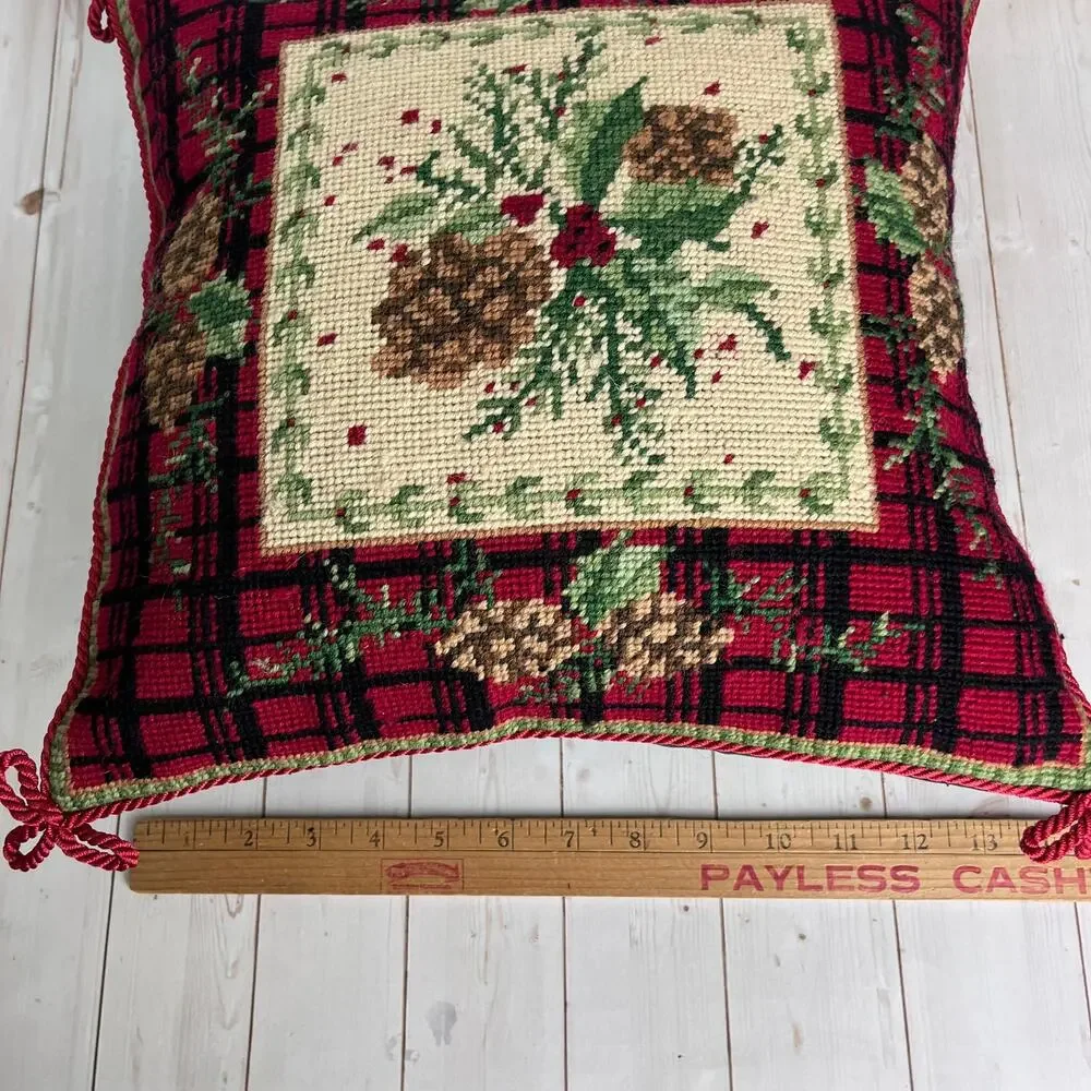 Rustic Pine and Plaid Needlepoint Pillow Braided Trim with Bows Velvety Back